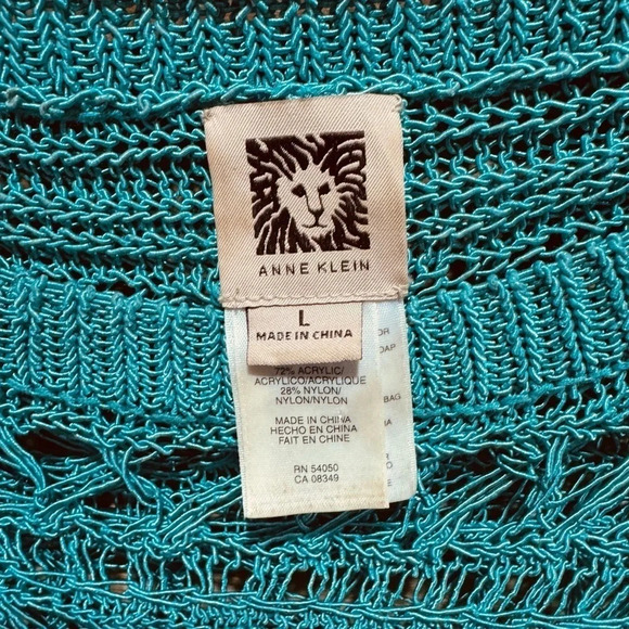 Anne Klein sleek crochet print top turquoise sleeve US L vintage style festival - Picture 3 of 3